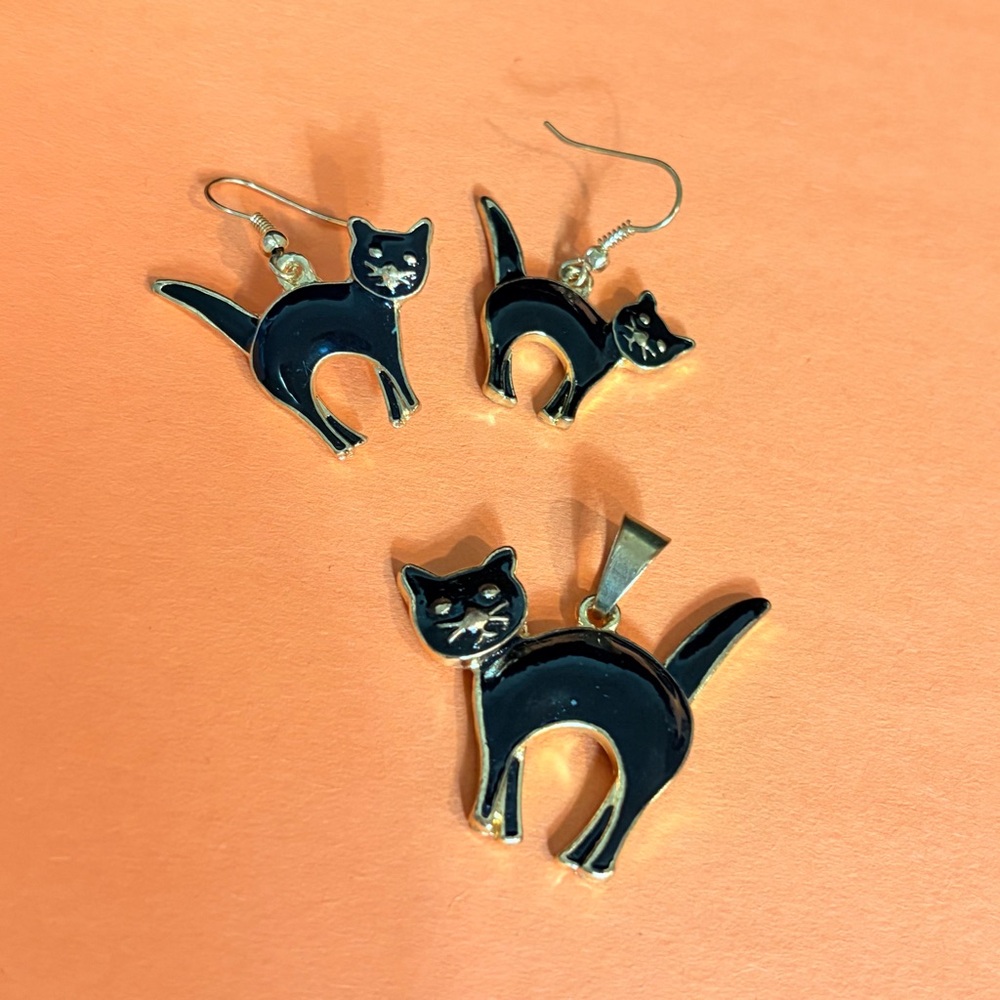 Enamel Black Cat Pendant Charm + Earrings Set